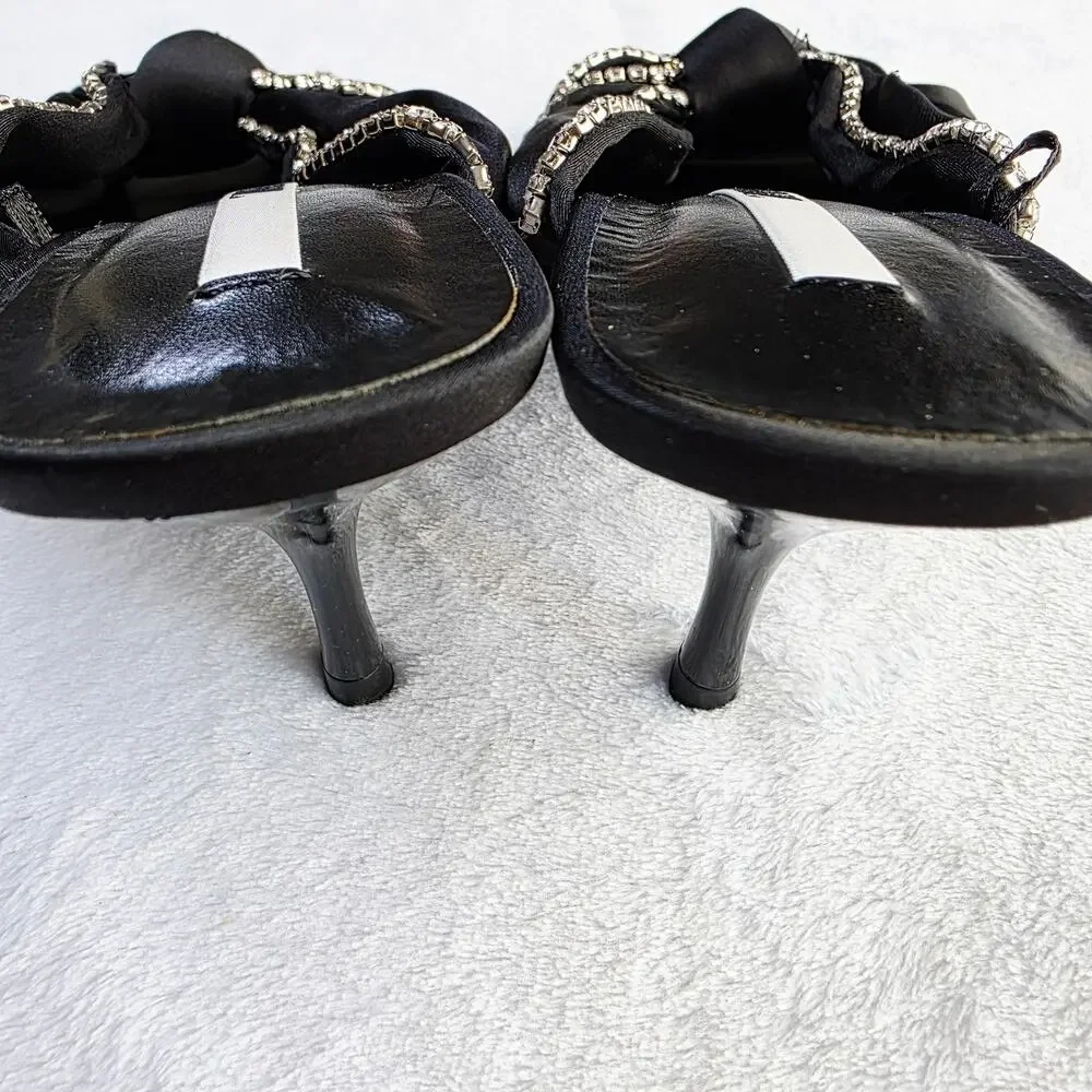 ZARA Satin Mule Heels EU 37 6.5 Black Rhinestone Bow Slip-On Glam Coquette Y2K